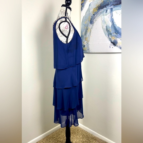 S.L. Fashions Stunning Navy Layered Midi Dress Beaded Neckline Stylish Size 6 - Picture 2 of 10